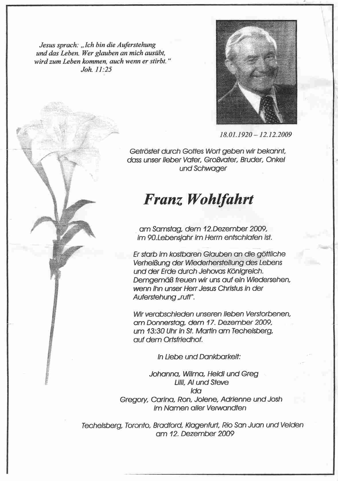 Todesanzeige Franz Wohlfahrt